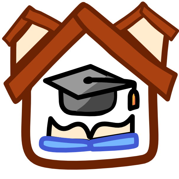 a brown house shape with two smaller roofs on each side of the main roof. inside the house shape is a blue book opened up and a black graduation cap above the book. The image has darker line art.